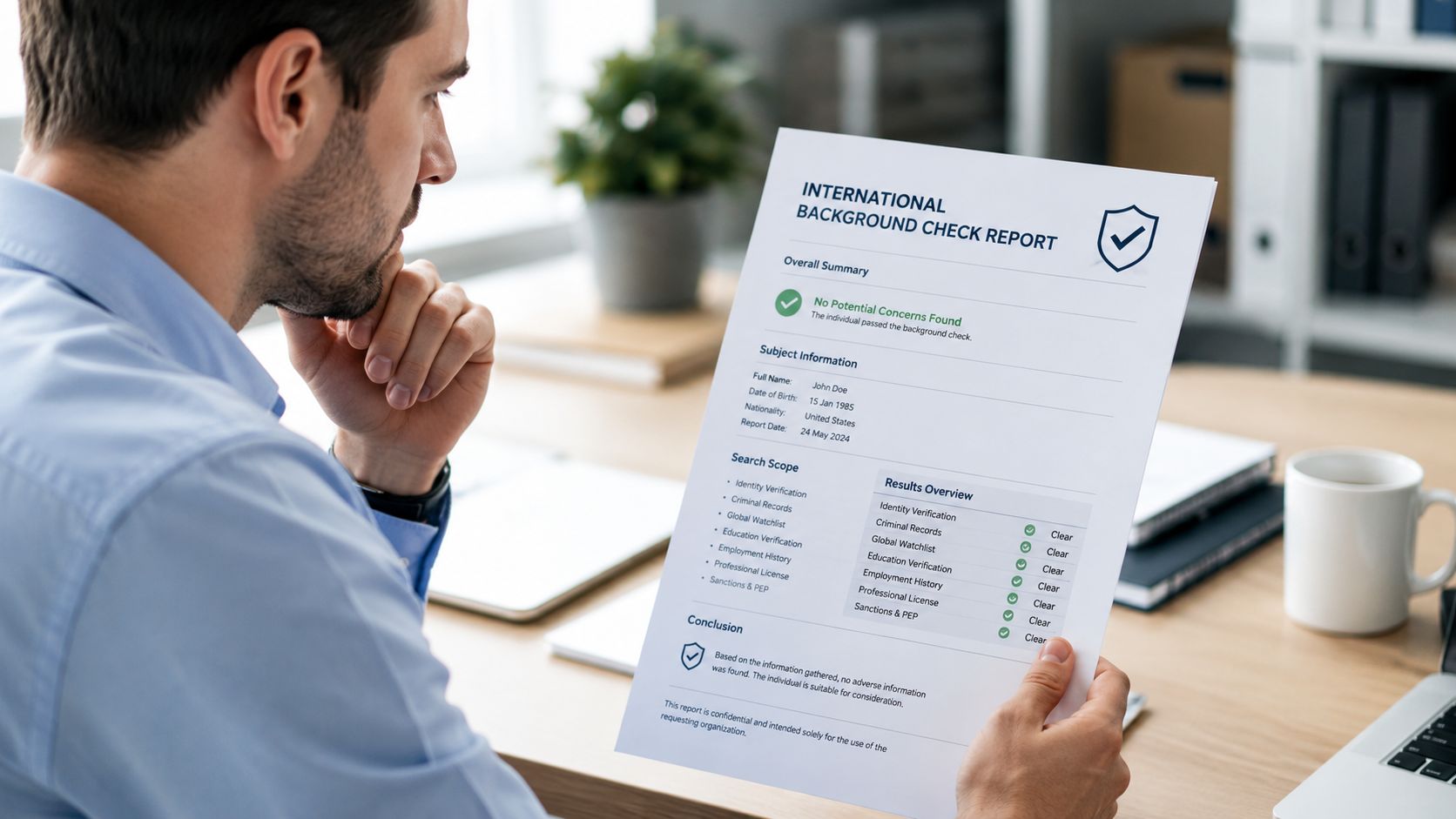 International Background Checks: Your 2026 Hiring Guide | Superstar Nannies A man in a professional setting holds and reviews an international background check report paper document.