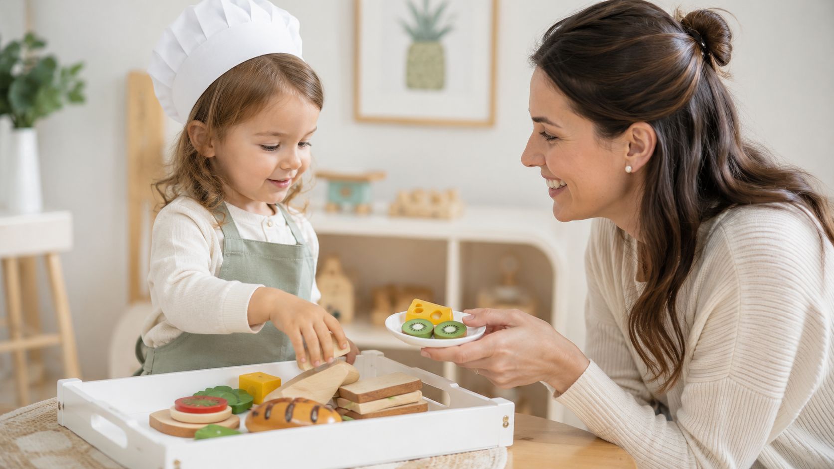 9 Language Development Activities for Nannies & Parents | Superstar Nannies A young girl in a chef hat and her mother playing with toy food at a table.