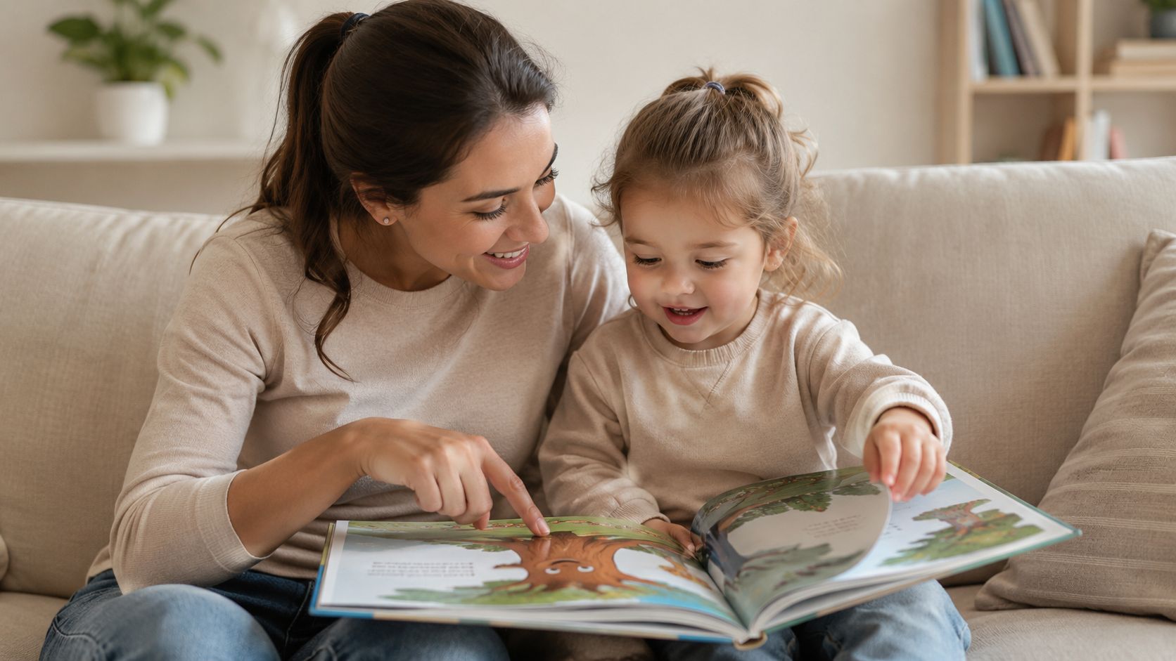 9 Language Development Activities for Nannies & Parents | Superstar Nannies A smiling mother reading an illustrated book to her young daughter while sitting together on a couch.