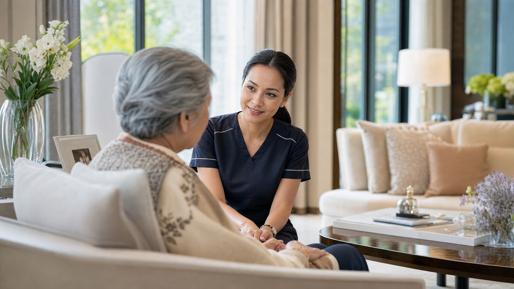A professional caregiver compassionately holds the hand of an elderly woman during a home visit.