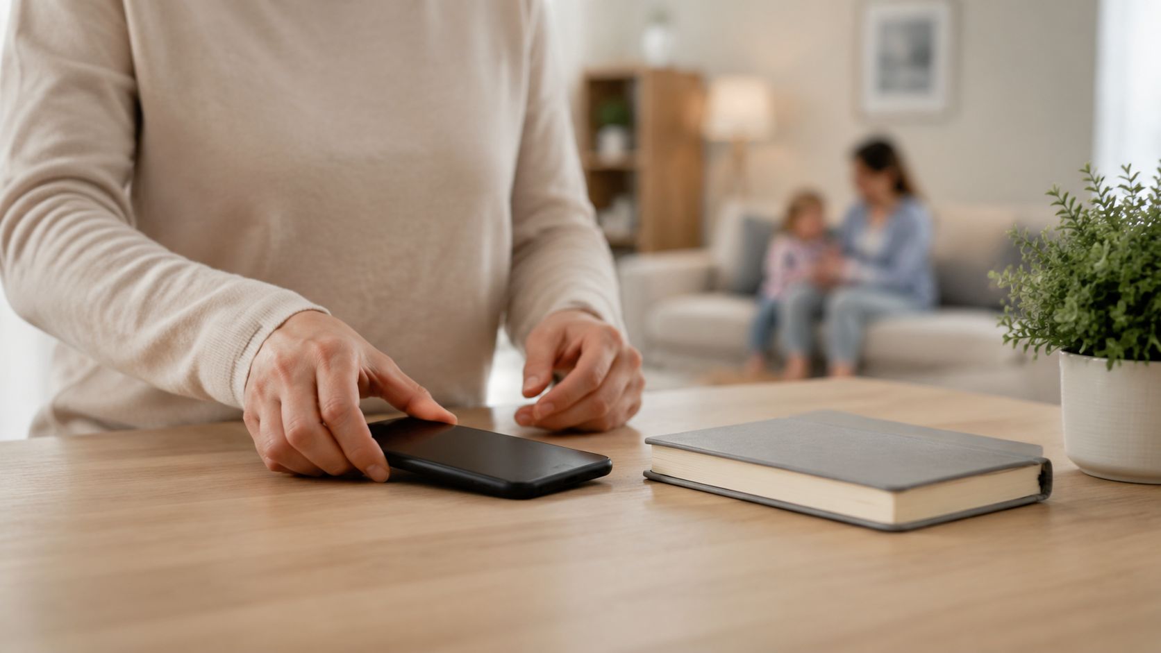 Mastering Live in Caregiver Interview Questions: Your 2026 | Superstar Nannies A caregiver sitting at a table with a smartphone and a notebook during an interview session.