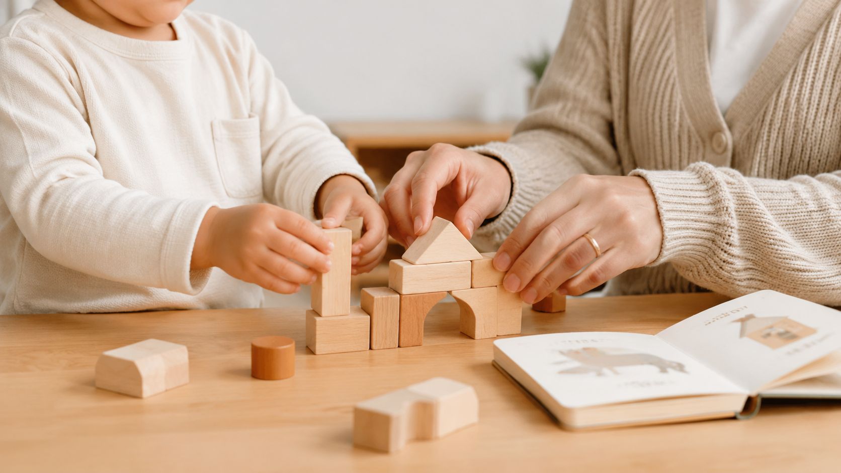Mastering Live in Caregiver Interview Questions: Your 2026 | Superstar Nannies A caregiver helps a young child build a structure using natural wooden blocks at a table.