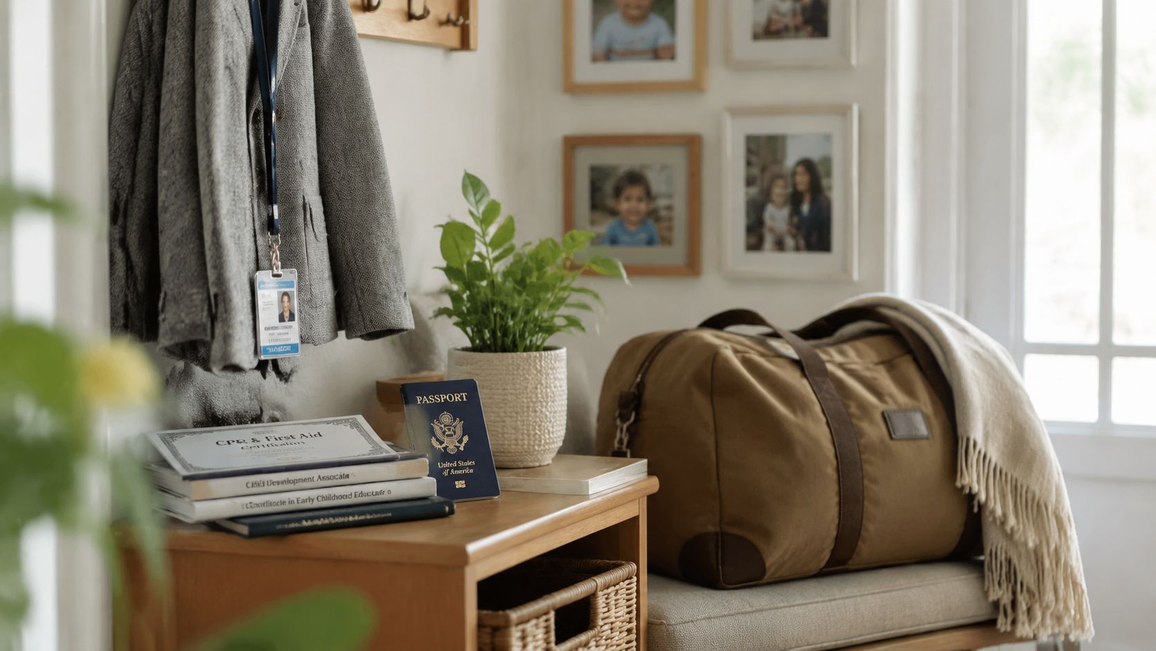 Mastering Live in Caregiver Interview Questions: Your 2026 | Superstar Nannies A wooden table featuring a US passport, professional certifications, and a travel bag, perfect for a caregiver.