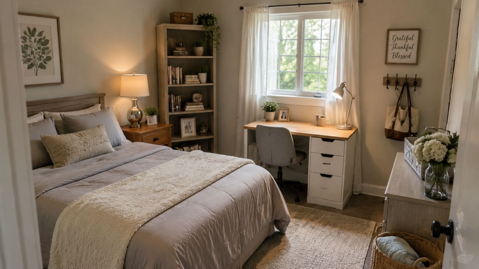 A cozy, well-lit bedroom featuring a bed, a study desk, bookshelf, and neutral decor accents.
