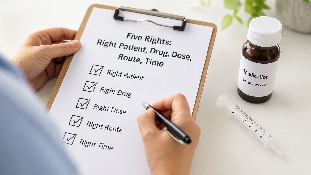 Medication Administration Training: A 2026 Guide for Nannies and Parents | Superstar Nannies A healthcare professional checking off the five rights of medication administration on a clipboard checklist.