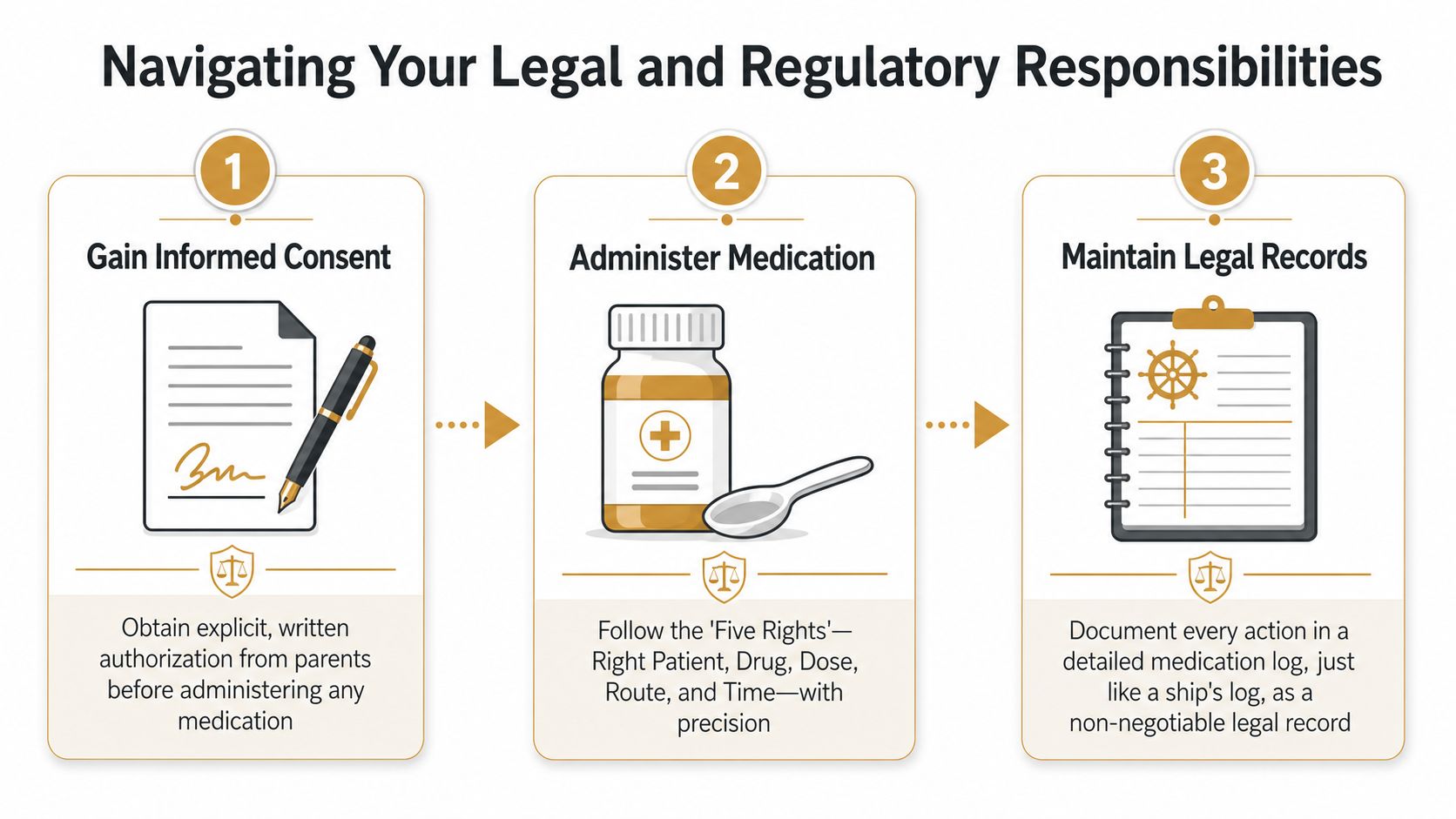 Medication Administration Training: A 2026 Guide for Nannies and Parents | Superstar Nannies A three-step infographic titled Navigating Your Legal and Regulatory Responsibilities for medication administration in a school setting.