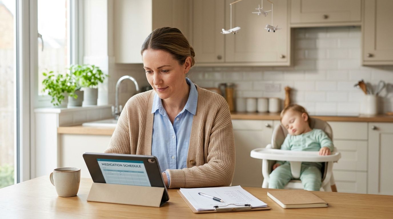 Medication Administration Training: A 2026 Guide for Nannies and Parents | Superstar Nannies A mother sitting at a table working on a tablet, with her baby sleeping in a highchair.