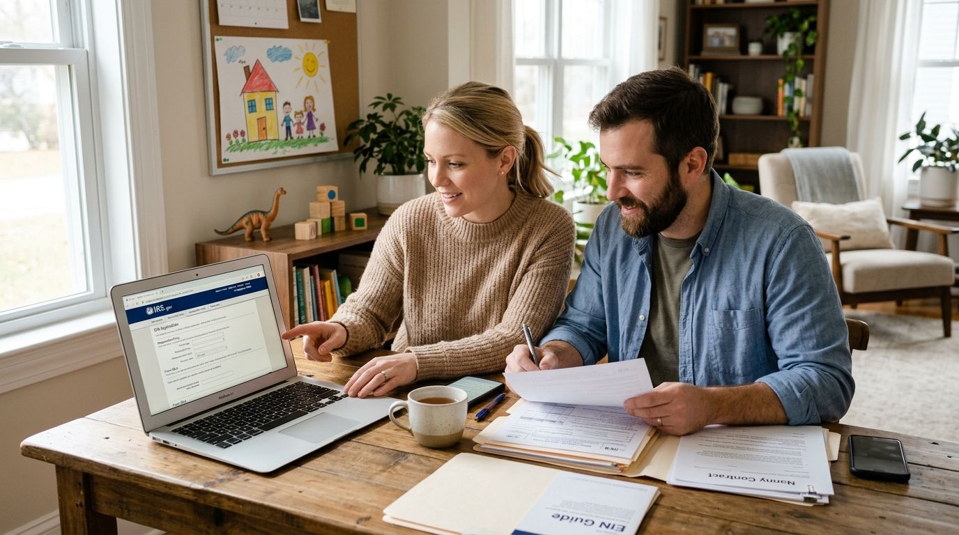 Nanny Tax Obligations: UK & US Compliance Guide 2026 | Superstar Nannies A young couple reviewing nanny tax obligations online on a laptop at a wooden table in their home.