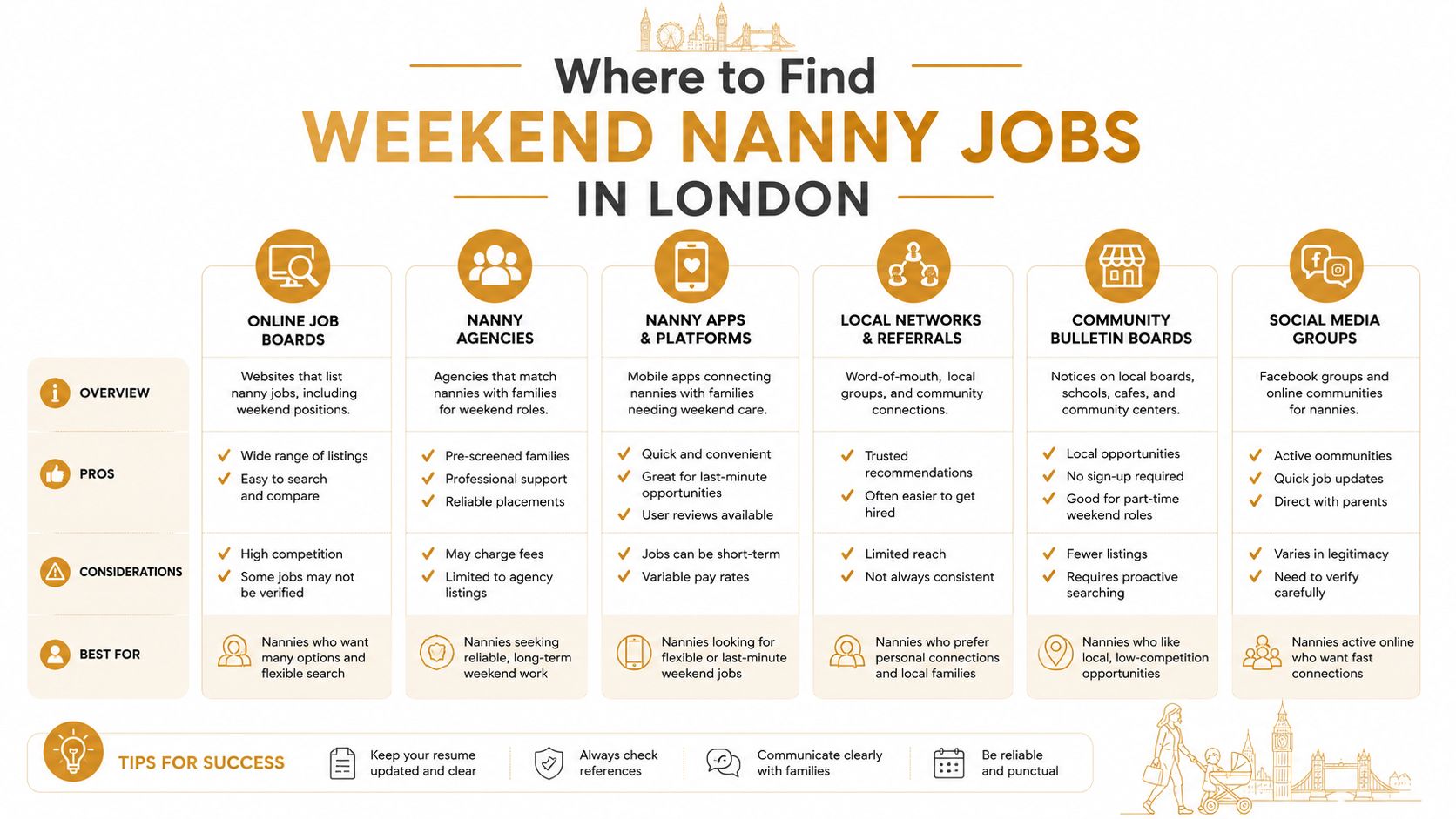 Weekend Nanny Jobs in London: Your Complete Guide | Superstar Nannies A helpful infographic outlining different ways to find weekend nanny jobs in London, including pros and cons.