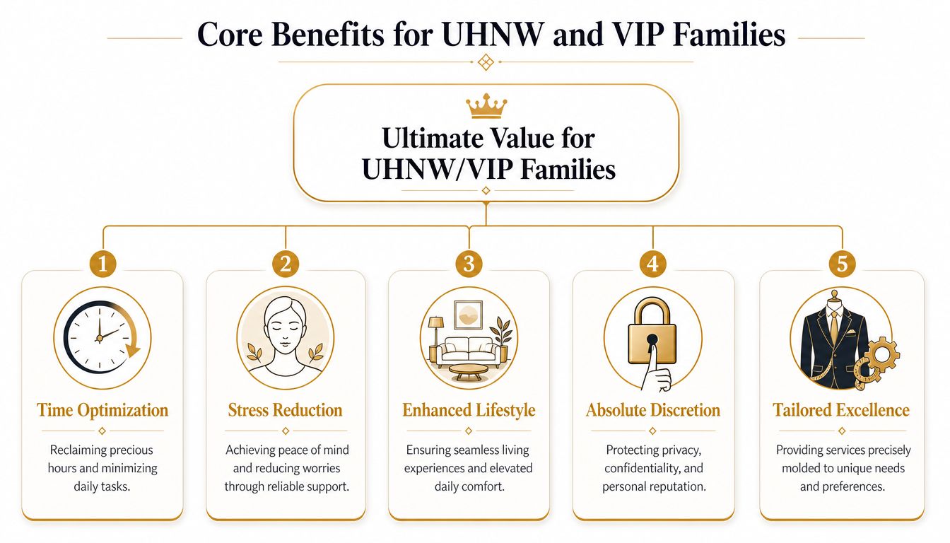 What Is White Glove Service? a Guide for Elite Families | Superstar Nannies A diagram outlining the five core benefits for ultra-high-net-worth families, including time optimization and tailored excellence.