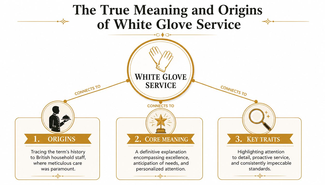 What Is White Glove Service? a Guide for Elite Families | Superstar Nannies An infographic titled The True Meaning and Origins of White Glove Service, detailing its history, meaning, and traits.