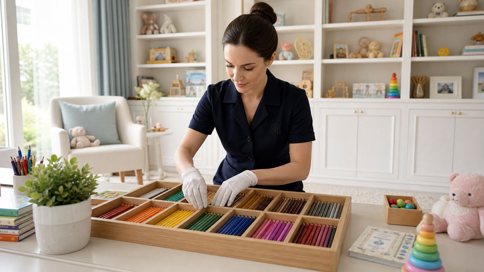 What Is White Glove Service? a Guide for Elite Families | Superstar Nannies A professional woman wearing white gloves carefully organizes colorful pencils into a wooden sorting tray in a playroom.