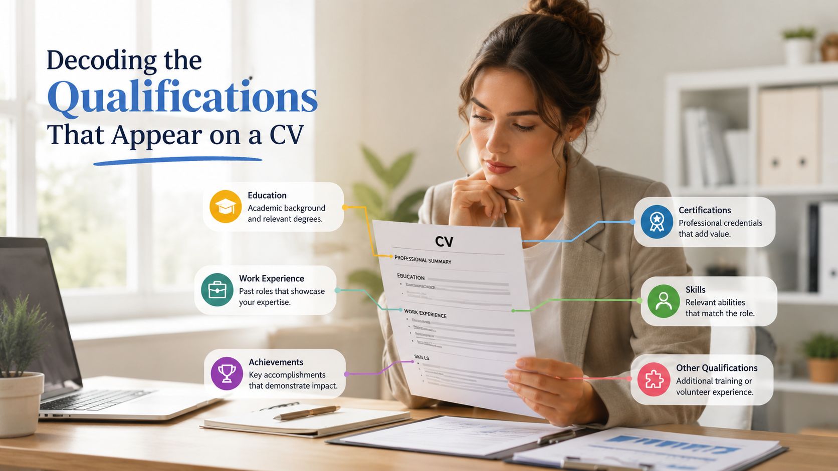 What Qualifications Do Chefs Need for Private Households | Superstar Nannies A professional woman reviewing a CV document that highlights key qualifications including education, work experience, and skills.