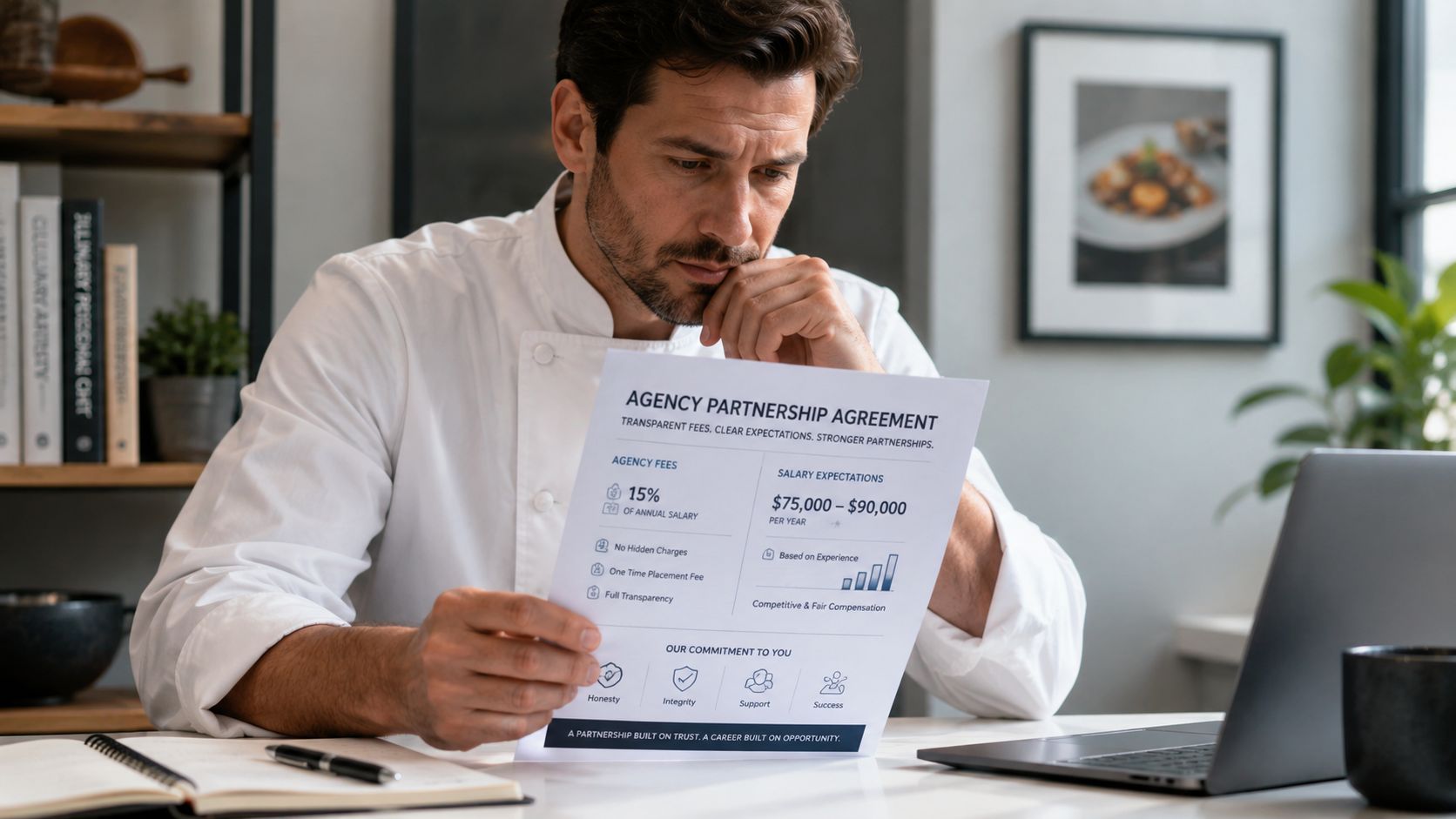 Agencies for Chefs: Finding Elite Culinary Talent 2026 | Superstar Nannies A professional chef reviewing an agency partnership agreement document at his office desk with a laptop.