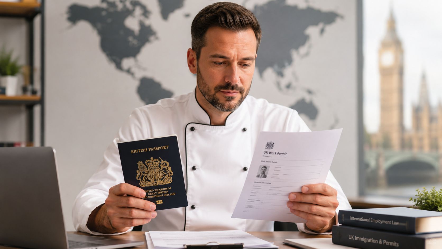 Agencies for Chefs: Finding Elite Culinary Talent 2026 | Superstar Nannies A professional chef reviewing his British passport and UK work permit documents at an office desk.