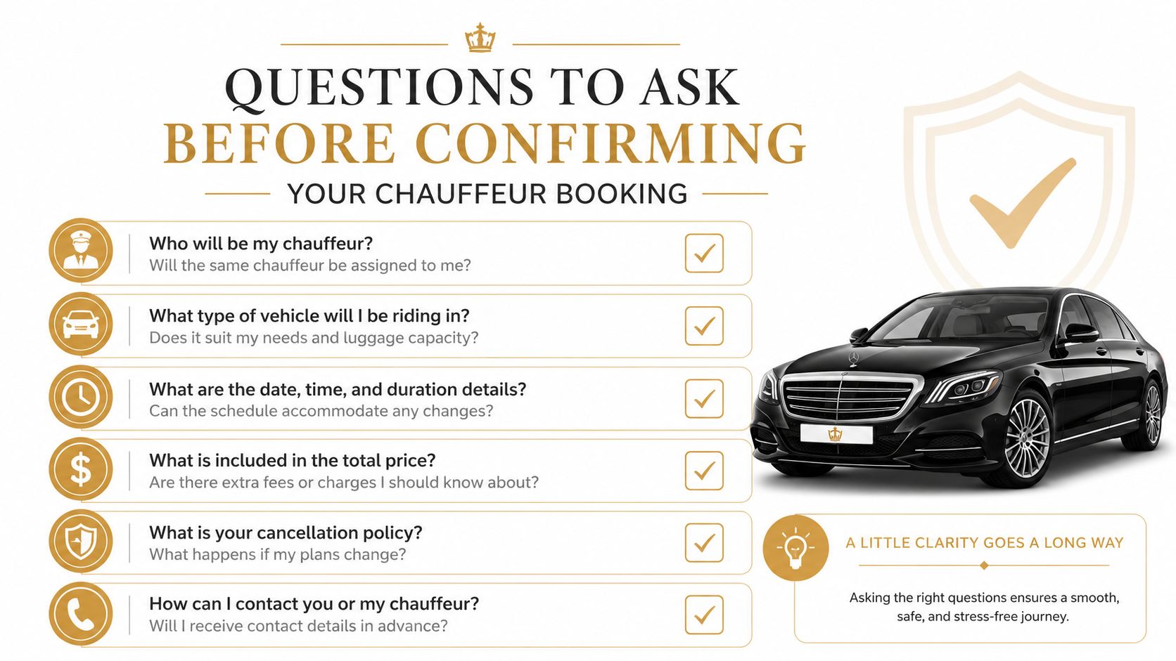 Chauffeur Hire London Prices: The Complete 2026 Cost Guide | Superstar Nannies A checklist infographic titled Questions To Ask Before Confirming Your Chauffeur Booking next to a luxury car.