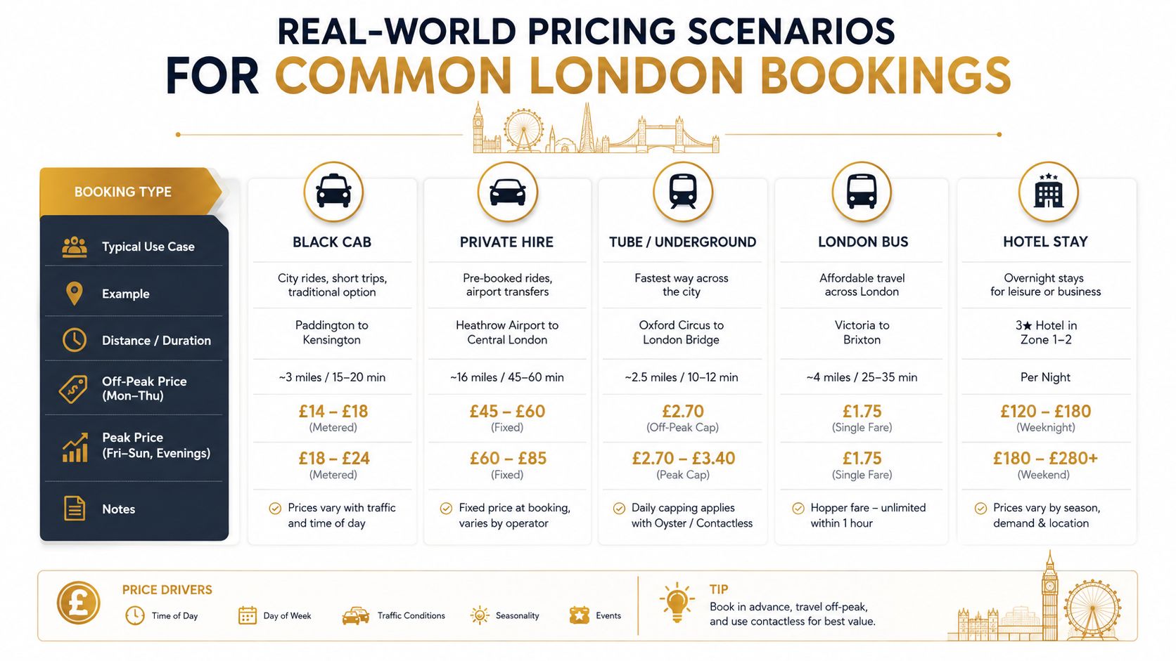 Chauffeur Hire London Prices: The Complete 2026 Cost Guide | Superstar Nannies A comparison chart showing pricing scenarios for London transport and hotels including black cabs, private hire, and the tube.