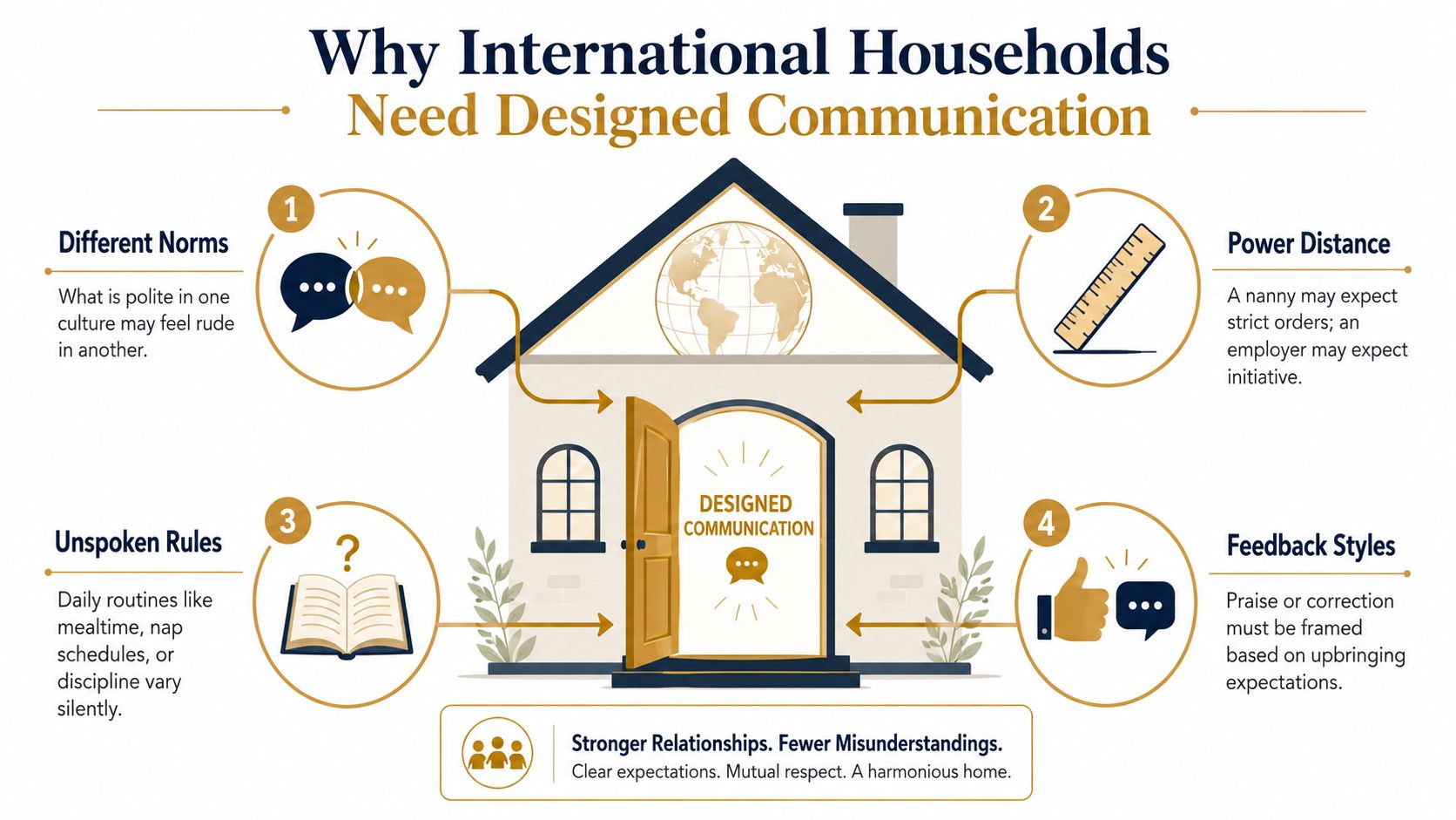 Communication Across Cultures in Private Homes | Superstar Nannies An infographic titled Why International Households Need Designed Communication with four numbered points illustrating cultural challenges.