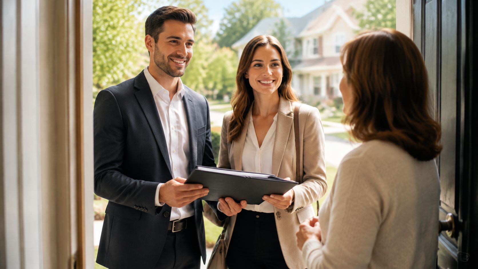 Couples Jobs in Scotland: A Complete Guide to Domestic Roles | Superstar Nannies A professional real estate couple greeting a homeowner at the front door to discuss home sale options.