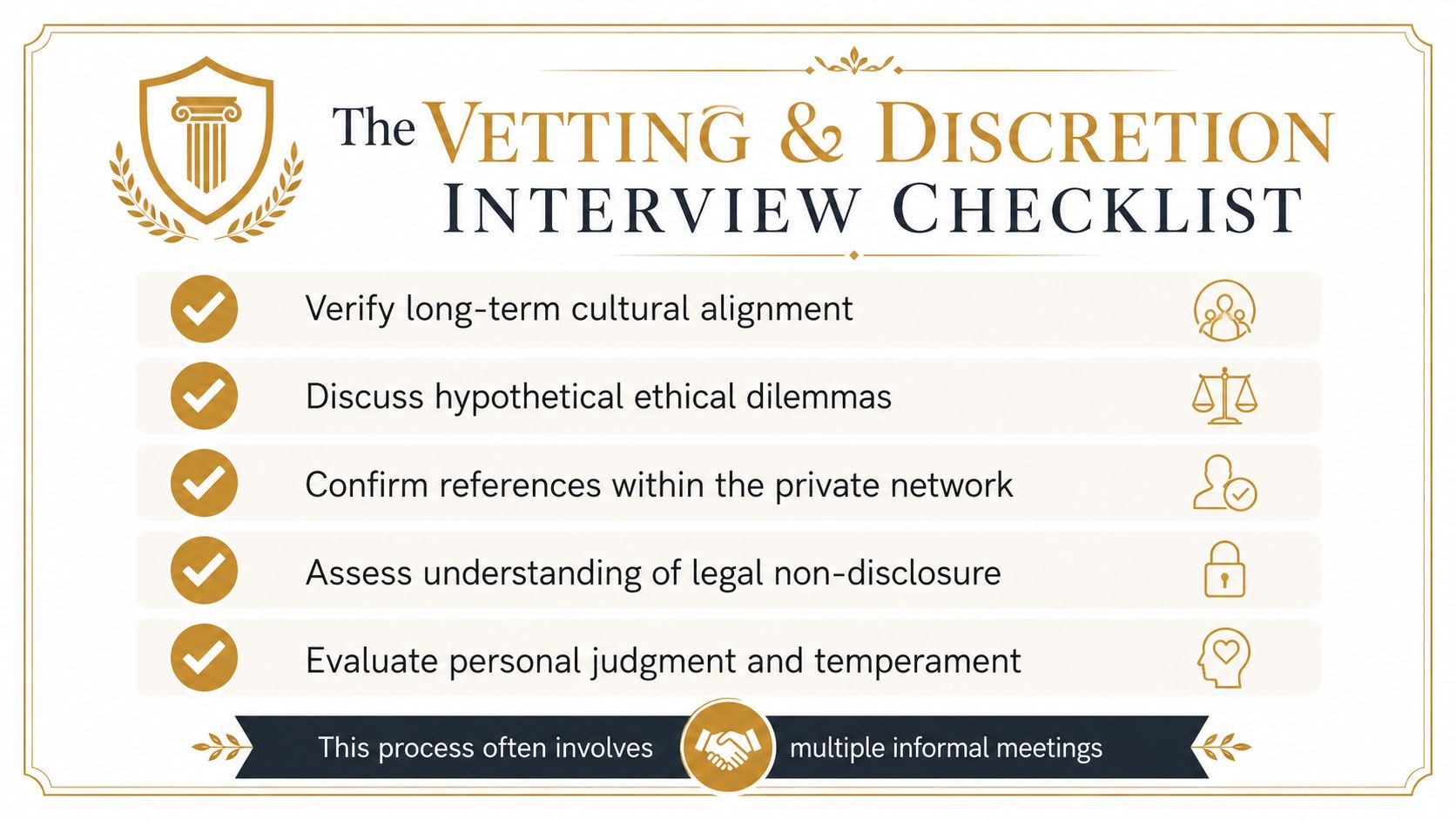 Family Office London Jobs: Expert Career Guide for 2026 | Superstar Nannies A professional infographic titled The Vetting and Discretion Interview Checklist outlining five key hiring steps.