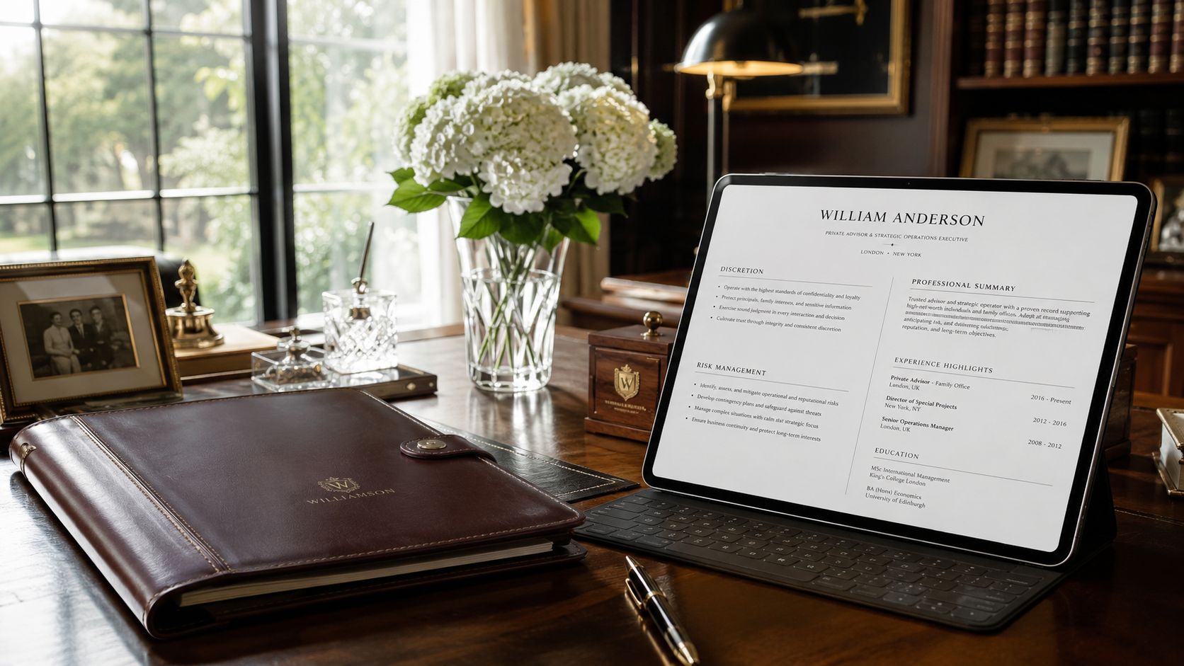 Family Office London Jobs: Expert Career Guide for 2026 | Superstar Nannies A leather folder and a tablet displaying a professional resume on a polished wooden office desk.