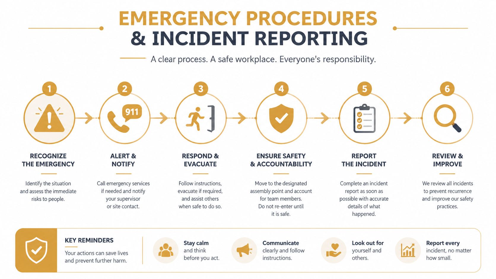 Health and Safety in Childcare: A Practical Guide For | Superstar Nannies A six-step infographic detailing workplace emergency procedures and incident reporting steps for maintaining staff safety.
