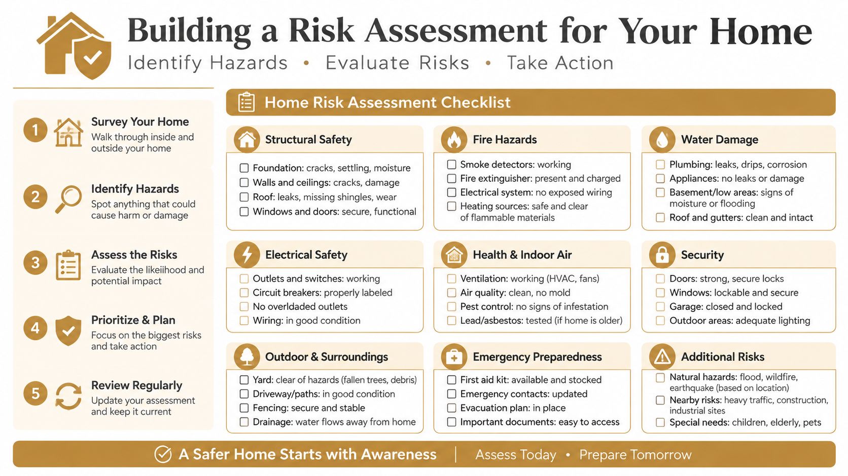 Health and Safety in Childcare: A Practical Guide For | Superstar Nannies An infographic titled Building a Risk Assessment for Your Home detailing steps and a checklist for safety.