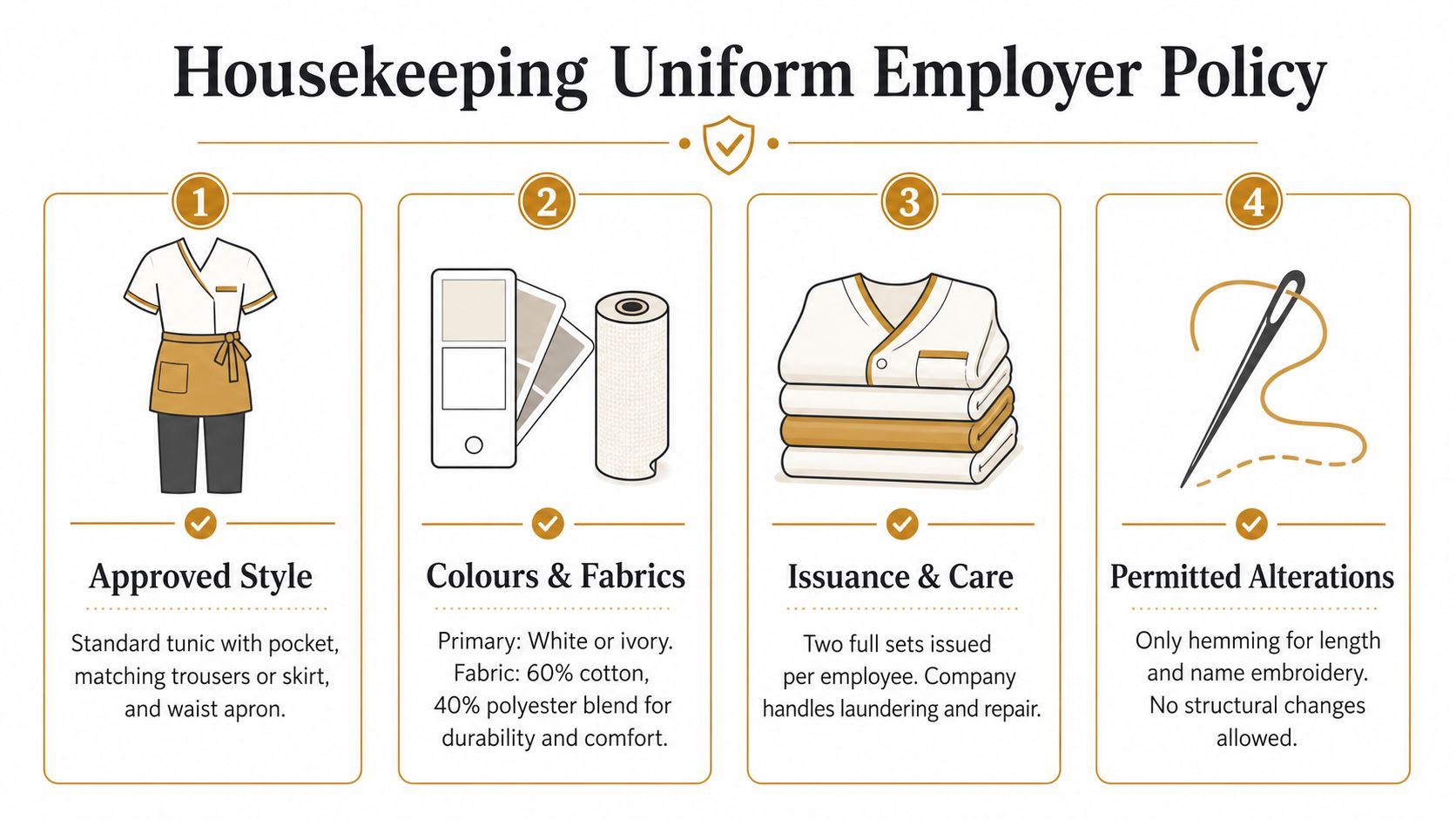 Housekeeping Maid Uniforms: A Complete Guide for Employers | Superstar Nannies An infographic detailing the housekeeping uniform employer policy, including style, fabric, care, and alteration guidelines.