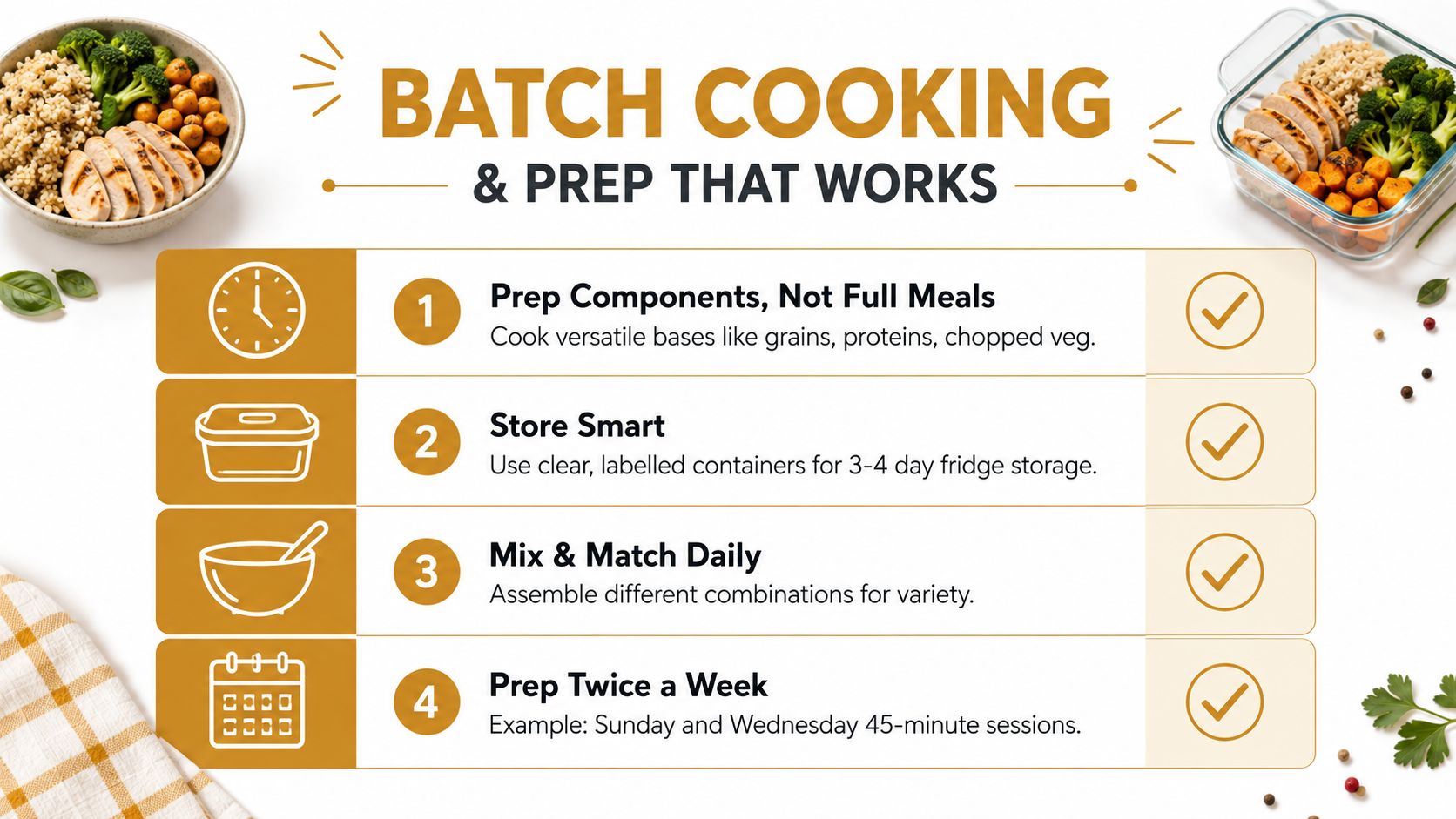 Meal Planning for Families: A Stress-Free Guide for 2026 | Superstar Nannies A guide illustrating four simple steps for efficient batch cooking and meal preparation for families.
