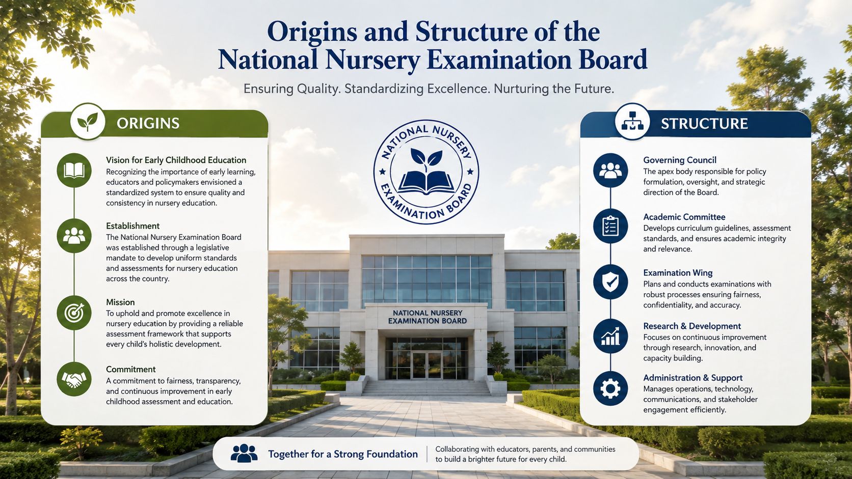 National Nursery Examination Board: A Practical Guide | Superstar Nannies An infographic detailing the origins and organizational structure of the National Nursery Examination Board with descriptive text.