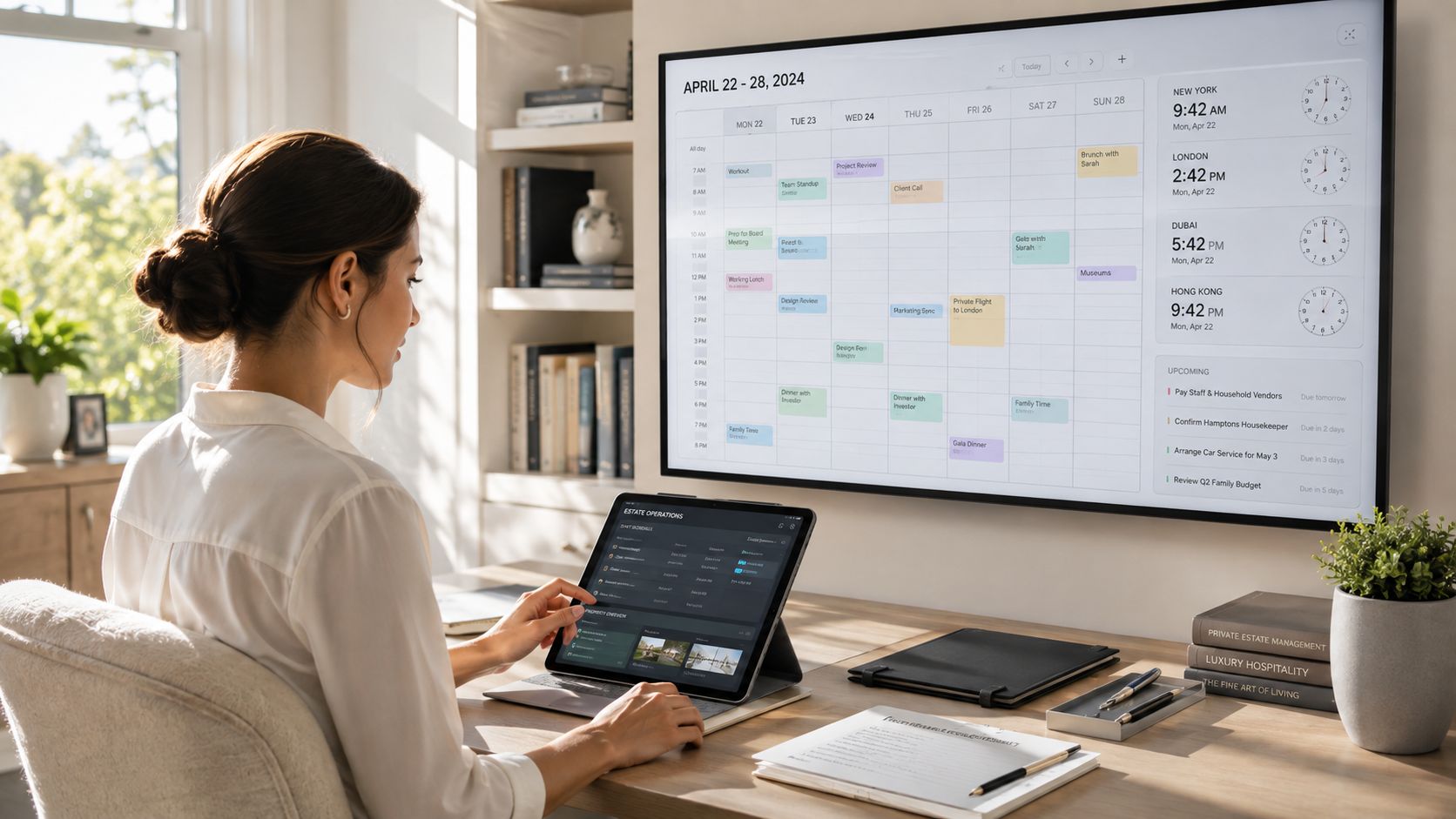 Private Personal Assistant Careers: Elite Household Guide | Superstar Nannies A woman working at her desk while viewing a large digital calendar and laptop screen.