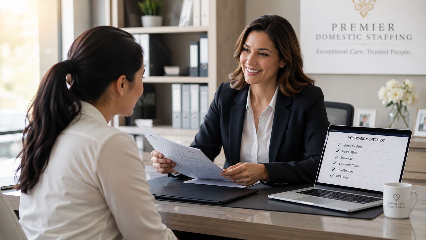 Right to Work Verification: Complete Nanny Agency Guide | Superstar Nannies A professional recruiter smiling at a candidate while holding a document in an office setting.