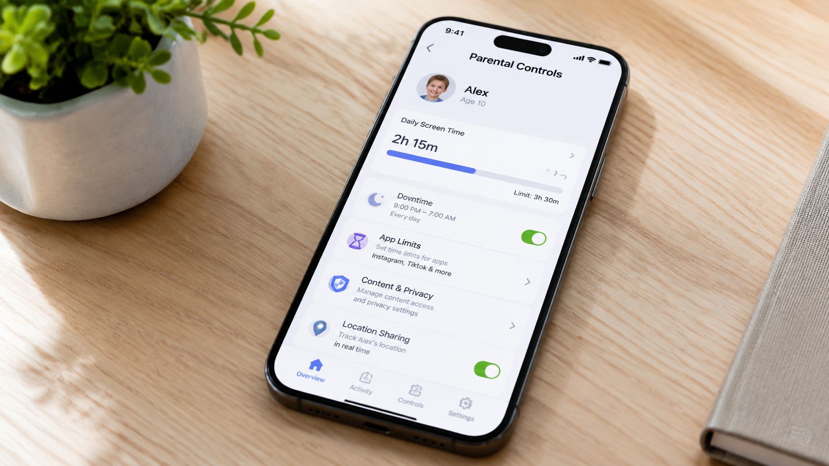 Screen Time Management for Families and Nannies | Superstar Nannies A smartphone displaying parental control settings for a child named Alex, showing screen time and app limits.