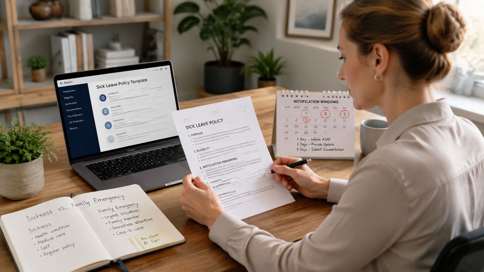 Sick Leave Policies for Household Staff | Superstar Nannies A professional woman working at a desk reviewing a sick leave policy document and laptop.