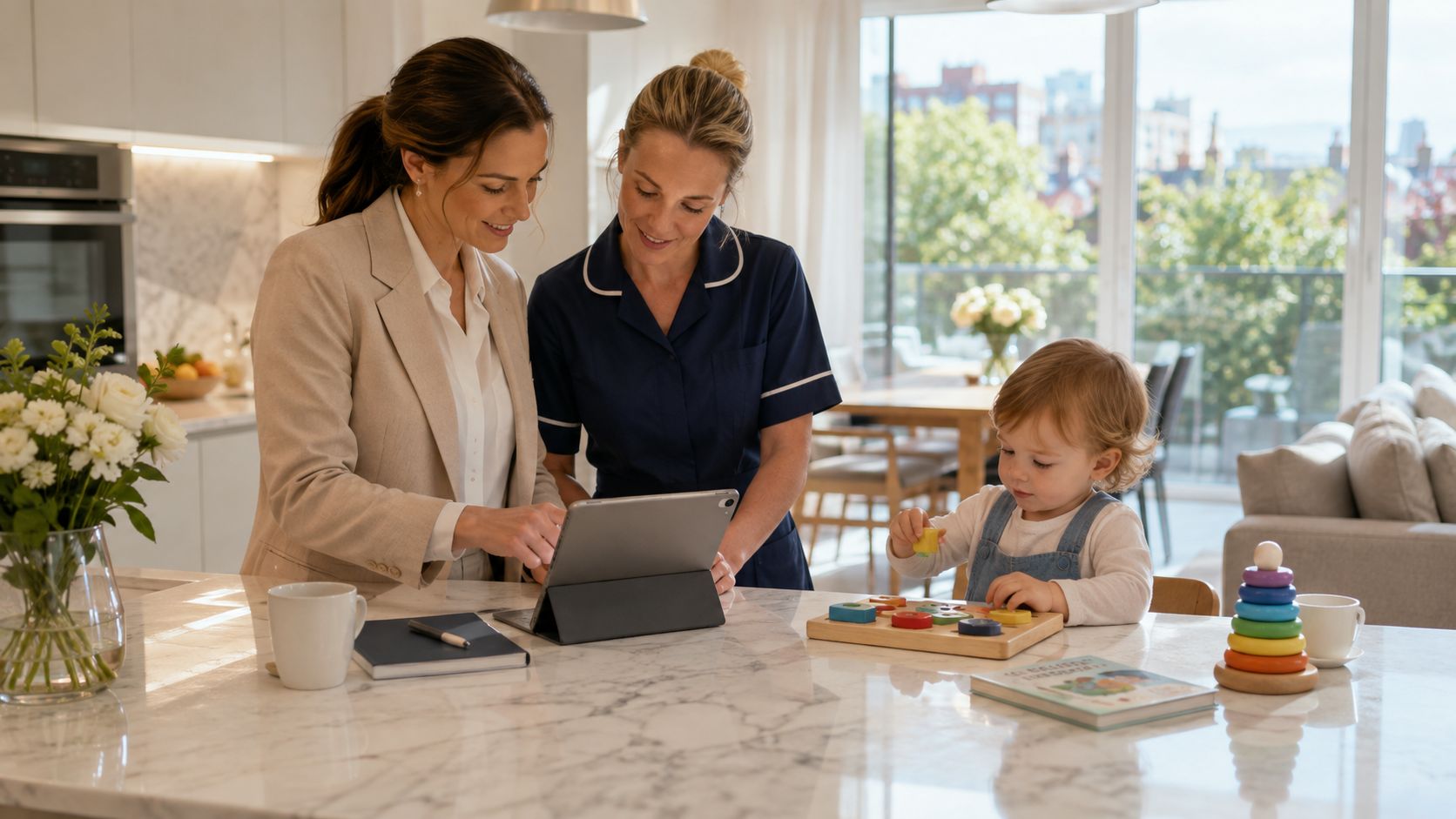 Tailored Family Support for UHNW Households | Superstar Nannies A professional woman and a caregiver use a tablet while a toddler plays with blocks.