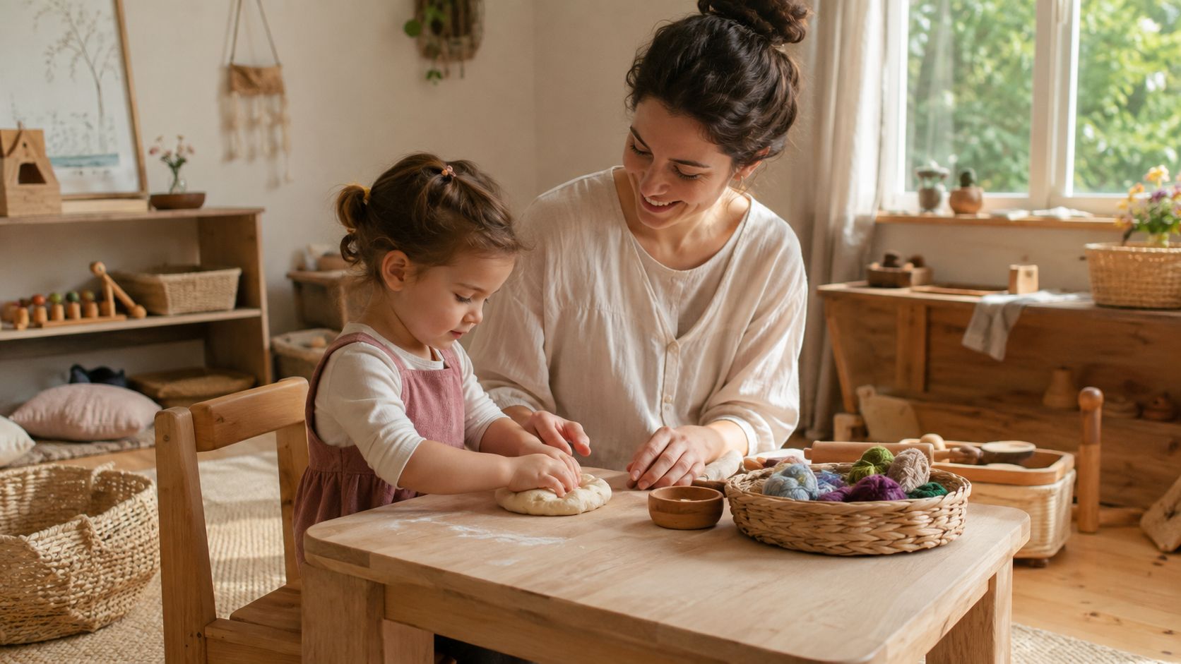 A mother and her young daughter kneading dough together at a wooden table in a home setting.