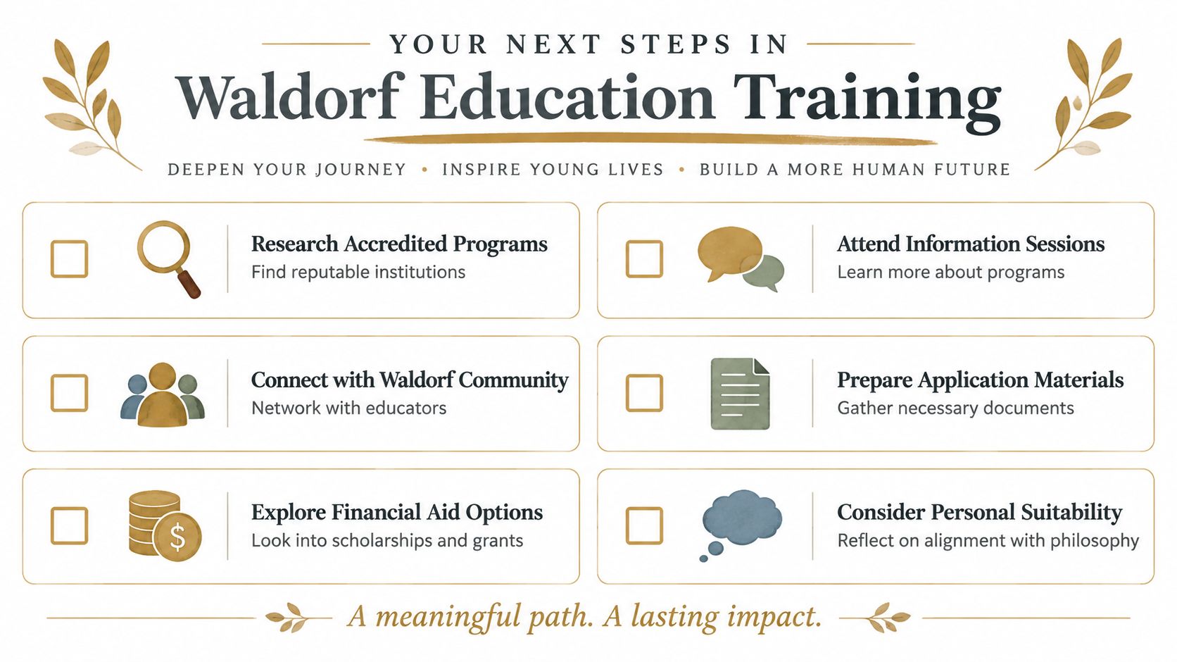 A checklist infographic titled Your Next Steps in Waldorf Education Training with six professional development steps.