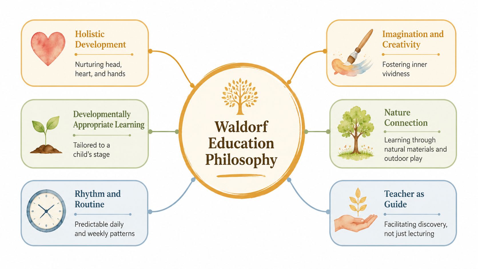 A mind map infographic illustrating the six core pillars of the Waldorf education philosophy and development approach.