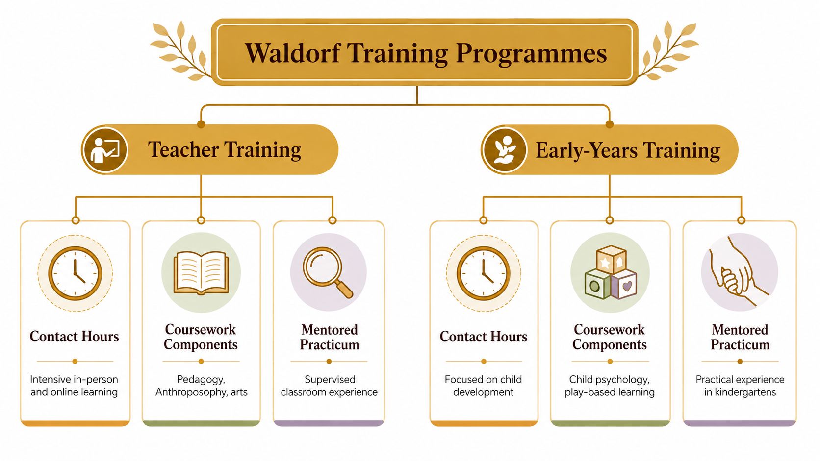 A diagram illustrating two Waldorf training pathways, including Teacher Training and Early-Years Training with their specific components.