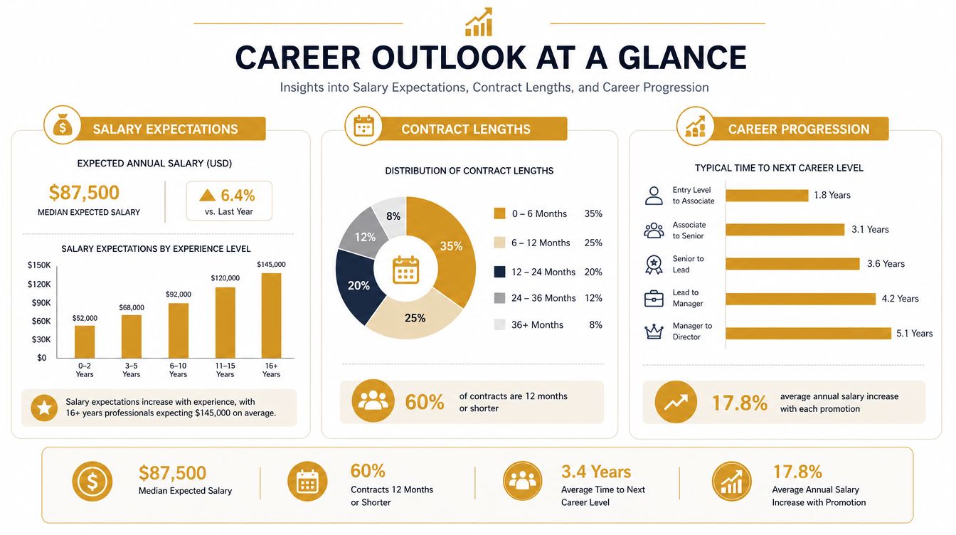 An infographic showing career outlook statistics including salary expectations, contract lengths, and professional career progression timelines.