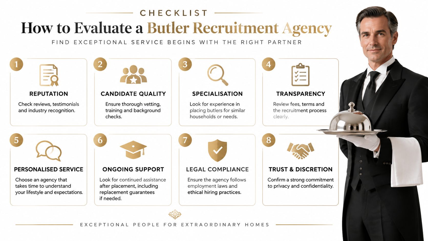 Butler Recruitment Agency Guide for Private Households | Superstar Nannies An infographic checklist for evaluating a butler recruitment agency, featuring eight key criteria and a professional butler.