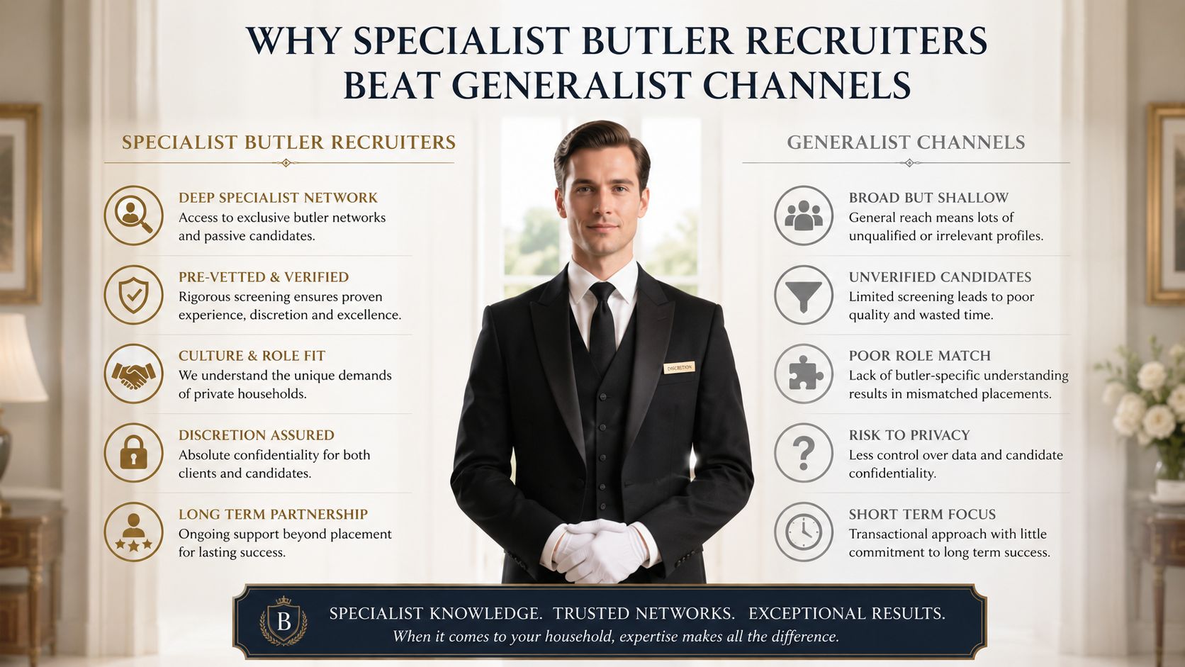 Butler Recruitment Agency Guide for Private Households | Superstar Nannies A comparison chart showing benefits of specialist butler recruiters over generalist channels for hiring household staff.