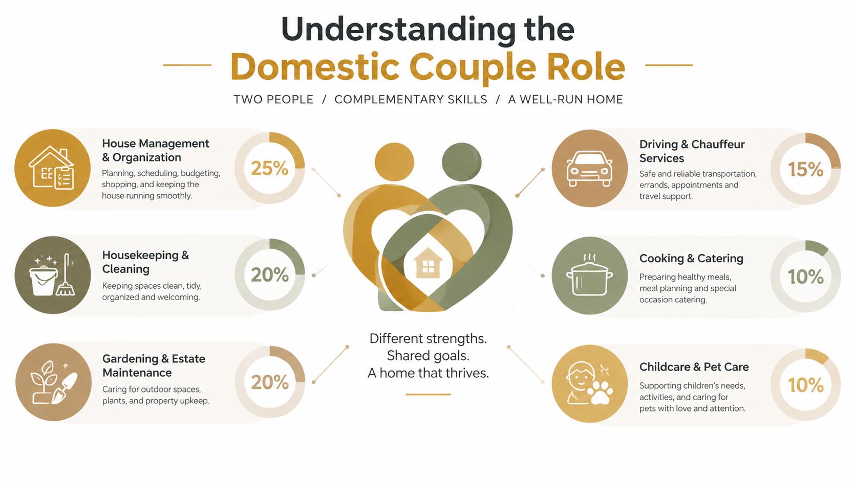 Domestic Couple Jobs UK: Your 2026 Guide to Success | Superstar Nannies An infographic titled Understanding the Domestic Couple Role, showcasing various household responsibilities with percentage breakdowns for each.