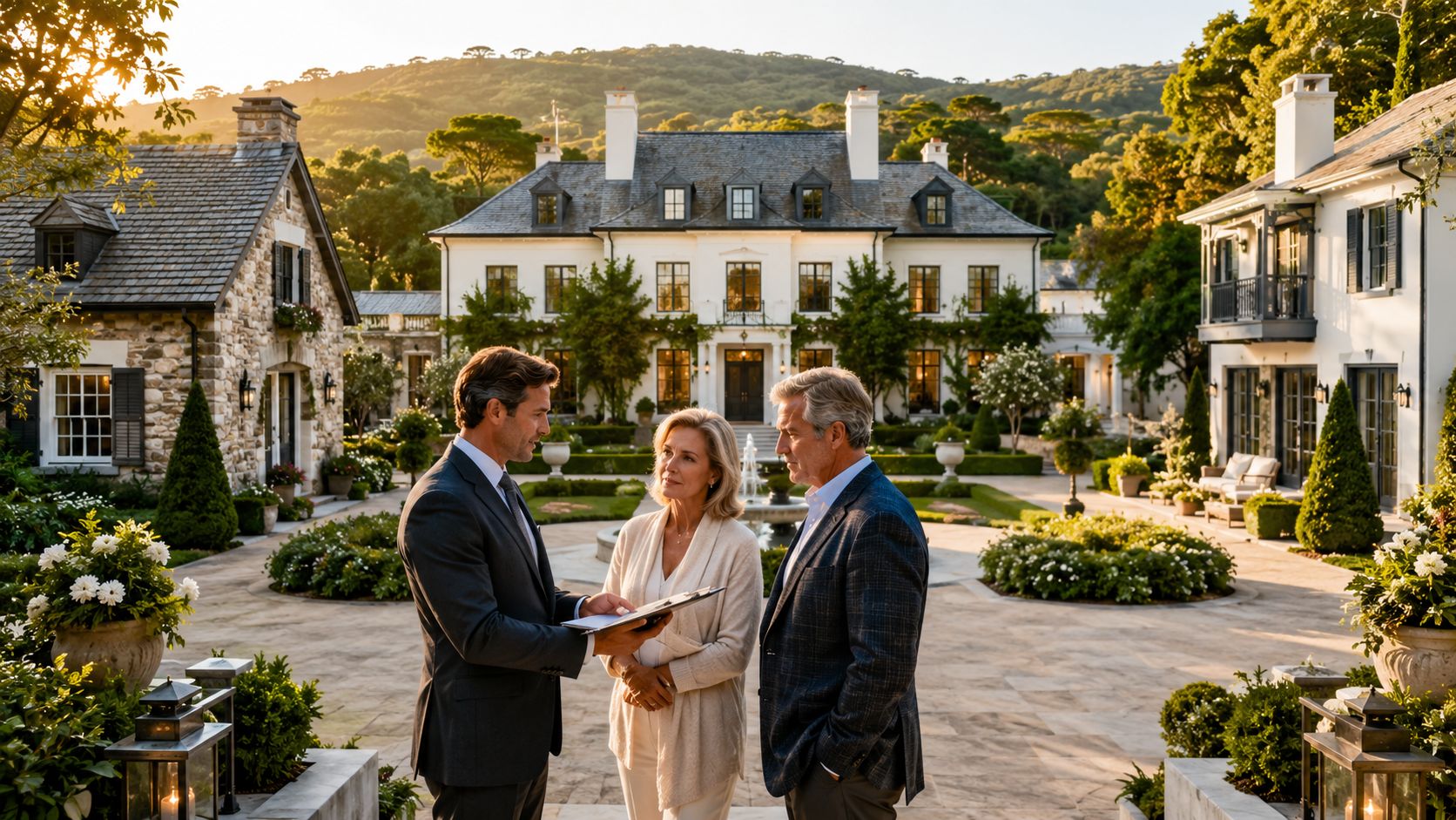 Estate Manager Agency: How to Hire the Right Professional | Superstar Nannies A professional estate manager consults with a mature couple outside a large luxury mansion.