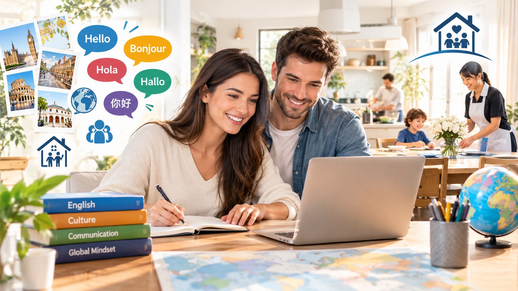 International Live in Nanny Hiring Guide for Wealthy Families | Superstar Nannies A happy couple using a laptop to research international live-in nanny options at their home office desk.