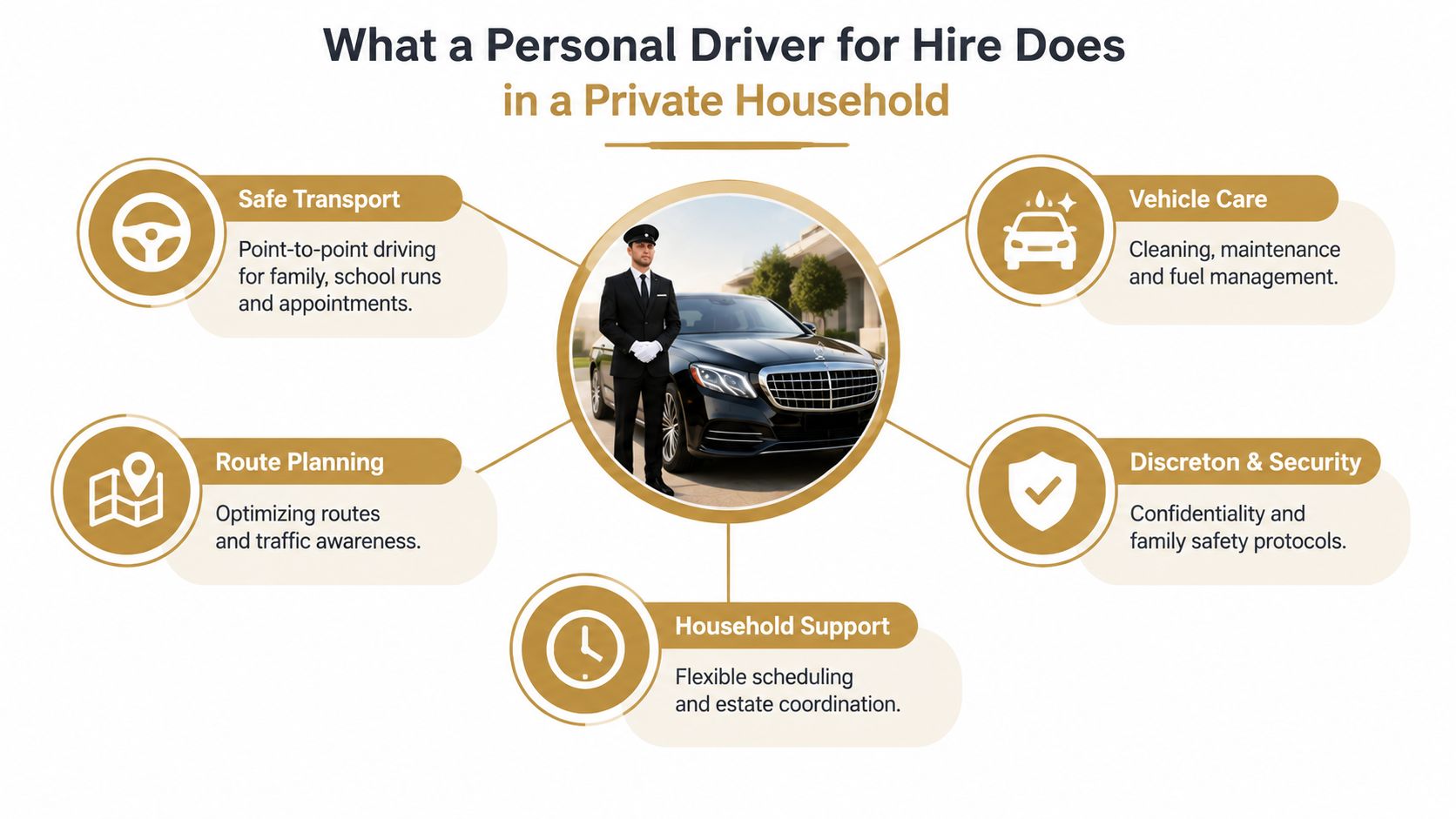 A professional chauffeur standing beside a luxury car, illustrating services provided by a personal driver for hire.