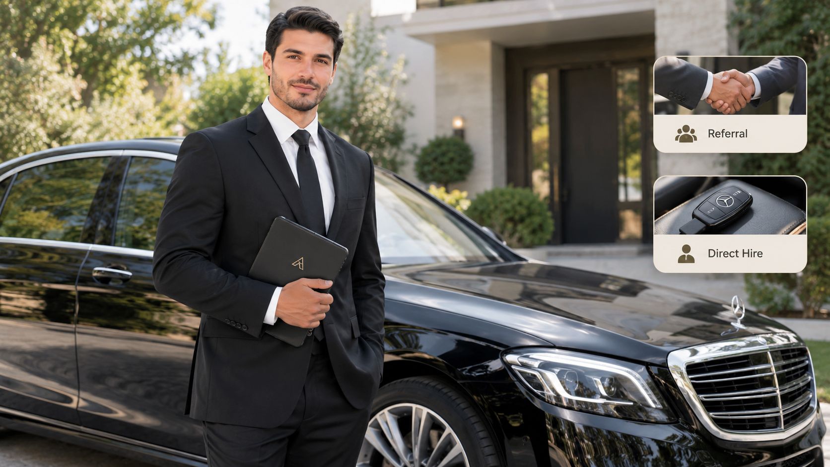 A professional chauffeur in a black suit standing next to a luxury car for hire.