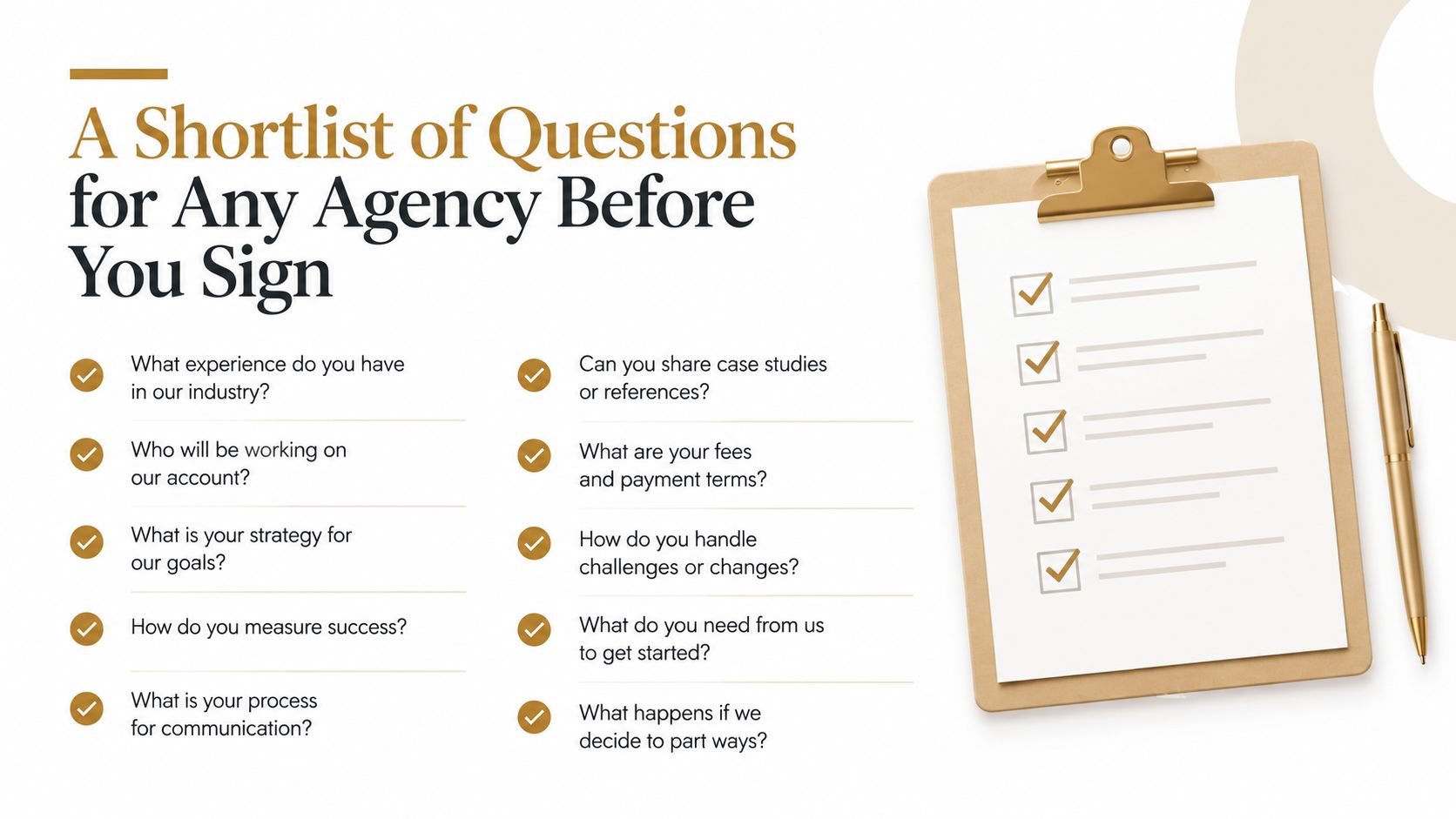 A clipboard with a checklist of important questions to ask a marketing or service agency before signing.