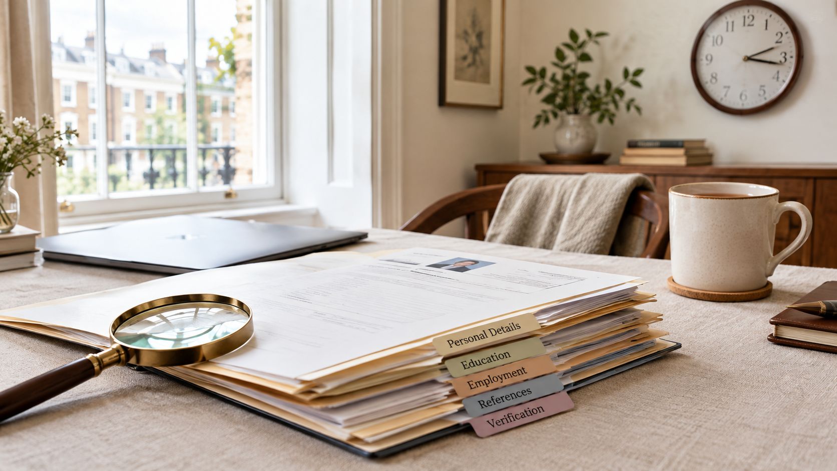 Domestic Staff Recruitment Agencies: 2026 HNW Family Guide | Superstar Nannies A magnifying glass resting on a stack of organized documents with labeled tabs on a desk