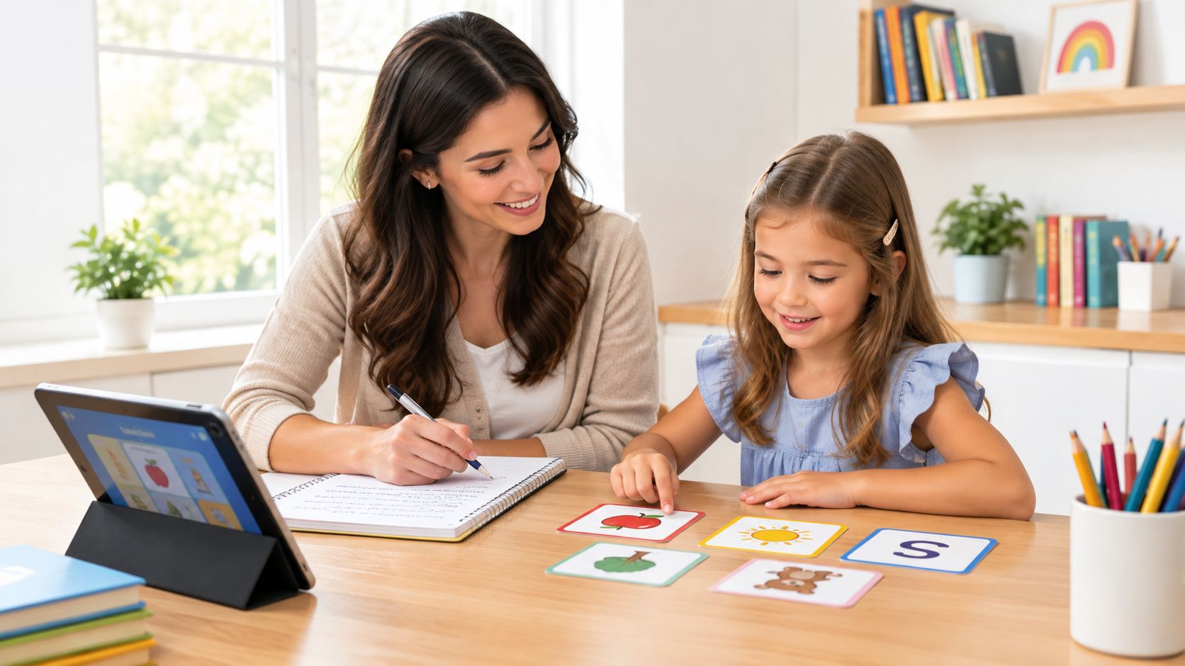 How to Secure UHNW Governess Roles in Britain in 2026: The Complete Guide for Luxury Private Households | Superstar Nannies A woman helping a young girl with learning activities using flashcards at a wooden table in a room.